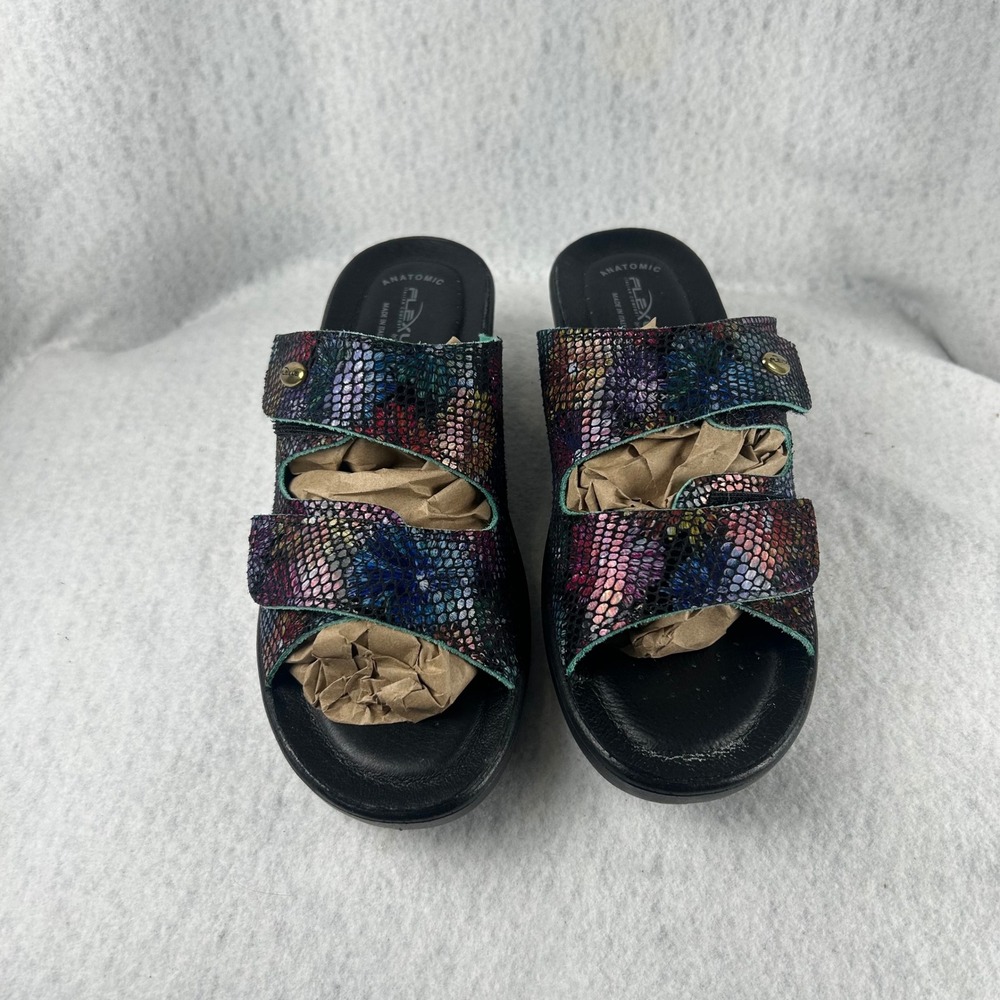 Flexus Slide Sandals Womens 40 Multicolor Floral‎ Snakeskin Leather Wedge Italy